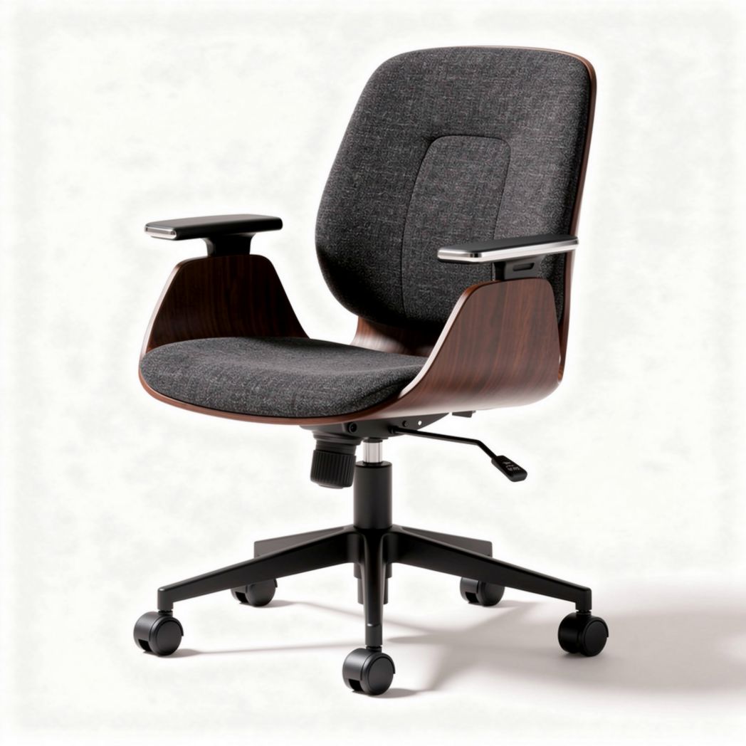 Chaise de bureau ergonomique en tissu gris avec accoudoirs en bois et roulettes