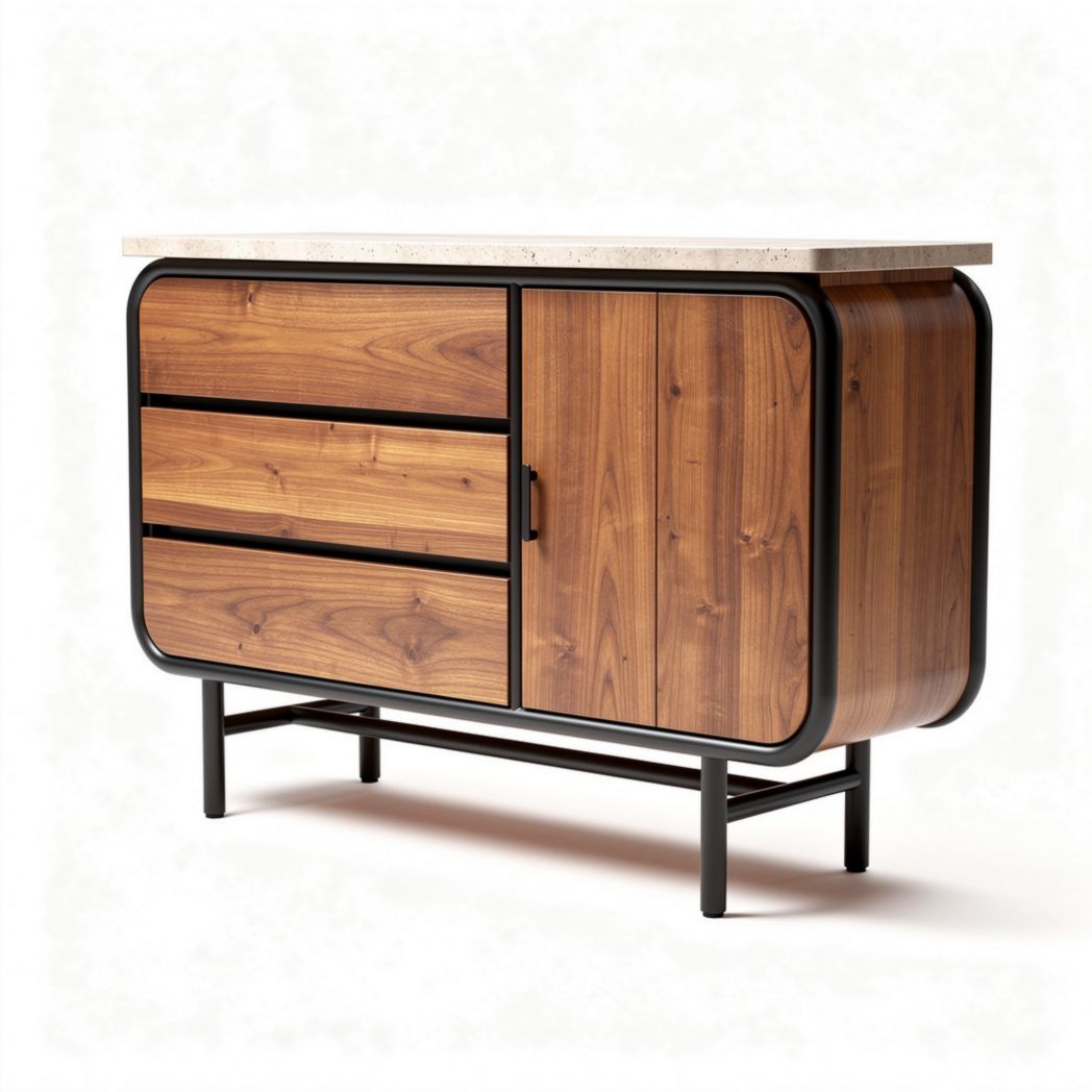 Meuble de rangement en bois et métal avec plateau en marbre 80 x 40 x 75cm