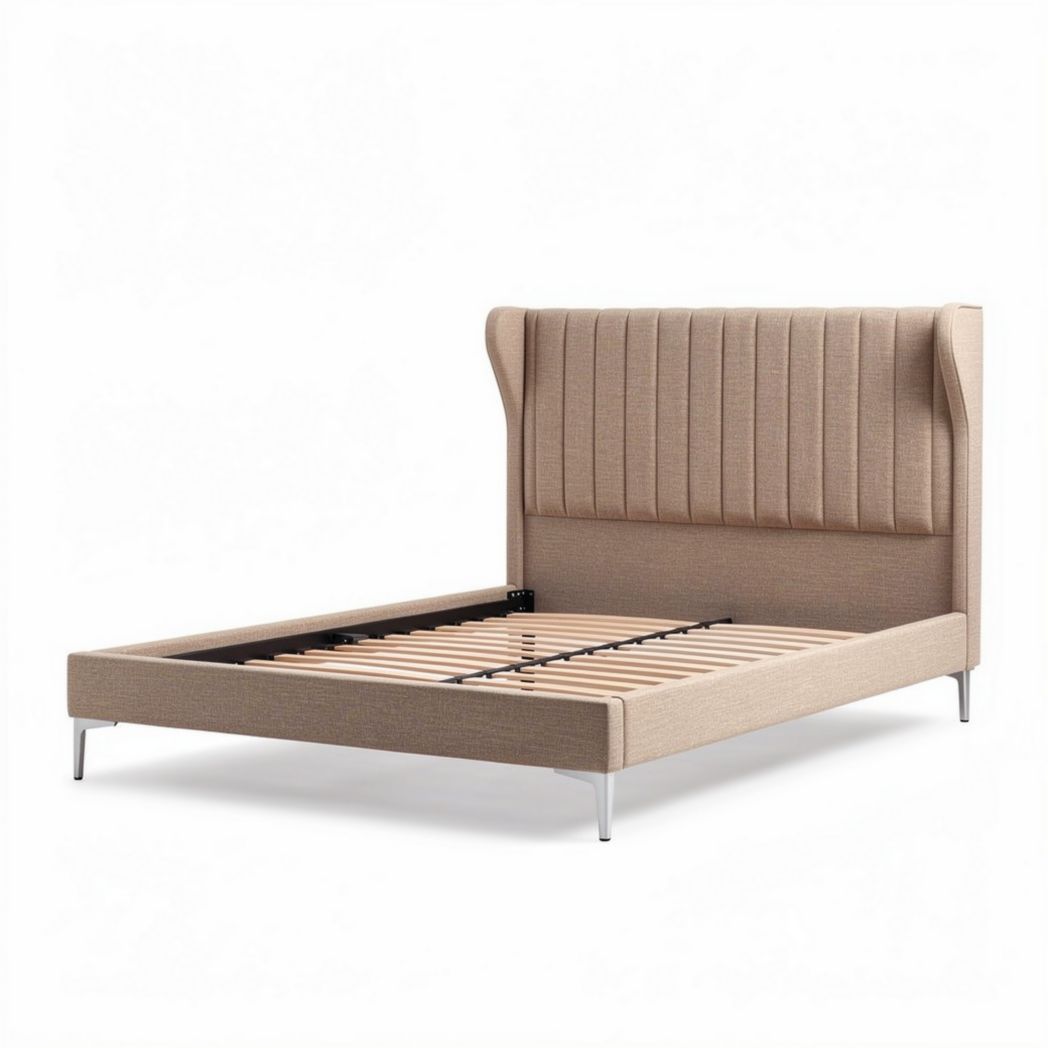 Lit en tissu beige avec tête de lit rembourrée 210 x 180 x 100cm