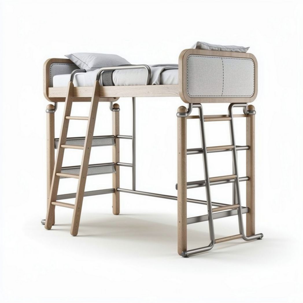 Lit superposé en bois avec échelle métallique et matelas gris 210 x 100 x 150cm